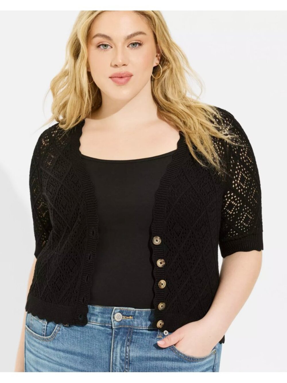 Torrid 0 Pointelle Cardigan Button Front Cropped Sweater L 12